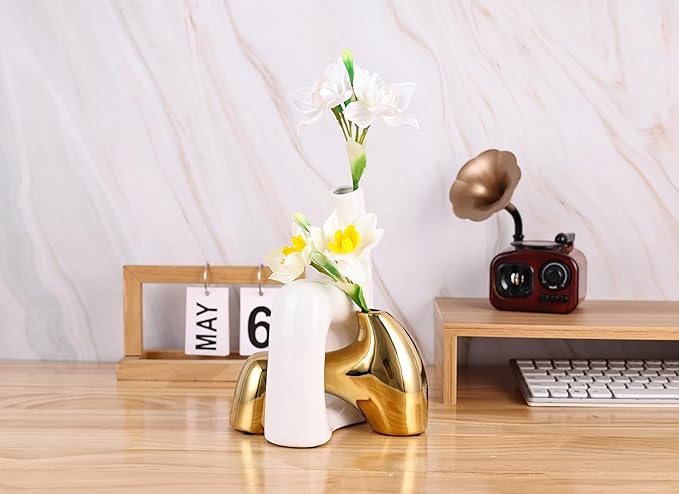 intertwining vase Set Snuggle Hollow Ceramic vase Set of 2 White and Gold vase Modern Boho Home Decor for Neutral Minimalist Vase for Dining Room Table Centerpiece Dining Room,Wedding Table Deco