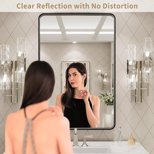 LOAAO 20X30 Inch Black Metal Framed Bathroom Mirror for Wall, Matte Black Bathroom Vanity Mirror Farmhouse, Large Rounded Rectangle Mirror, Anti-Rust, Hangs Horizontally or Vertically