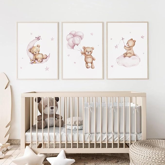 Bear Nursery Wall Art Decor Set of 3 Teddy Bear Wall Art Baby Girl Canvas Wall Decor Pink Pictures Balloon Nursery Children Prints Artwork Moon Star Cloud Art for Boys Room Bedroom 16x24 Inch Unframed