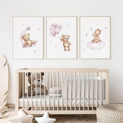 Bear Nursery Wall Art Decor Set of 3 Teddy Bear Wall Art Baby Girl Canvas Wall Decor Pink Pictures Balloon Nursery Children Prints Artwork Moon Star Cloud Art for Boys Room Bedroom 16x24 Inch Unframed