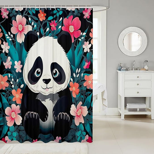 Feelyou Panda Fabric Shower Curtain Cute Panda Shower Curtain for Boys Girls Cartoon Bathroom Waterproof Accessories with 12 Hooks Flower Pattern Curtains,72x84 Inches