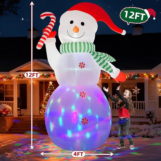B&D 12FT Giant Christmas Inflatables Snowman Outdoor Decorations, Christmas Blow Up Snowman Inflatables Yard Decoration with Rotating Colorful LED Lights for Holiday Party Garden Yard Outdoor Décor