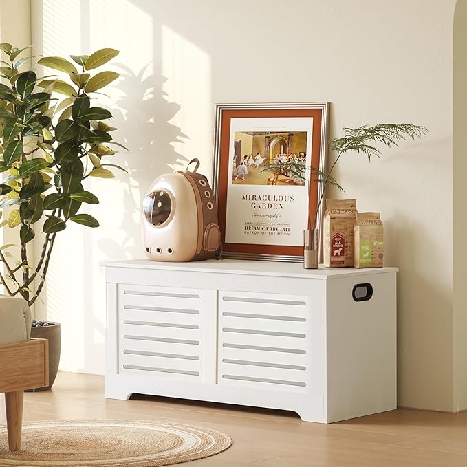 DINZI LVJ Storage Chest, 39.4”Wooden Toy Box with 2 Safety Hinges, Retro Entryway Shoe Storage Bench with Flip-Top, Sturdy Large Storage Trunk for Living Room, Bedroom, Easy Assembly, White