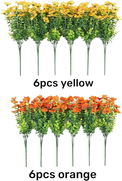Artificial Silk Fall Mums Plants Flowers for Outdoor Outside Decoration, 12 Bundles Fake Faux Orange Yellow Daisy UV Resistant Realistic for Autumn Porch Patio Home Yard Planter