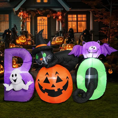 MUMTOP Halloween Inflatables Outdoor Decorations - 5 FT Pumpkin Inflatable with Ghost, Black Cat and Bat, Halloween Blow Up Yard Decorations with Built-in LED Lights for Party Yard Garden
