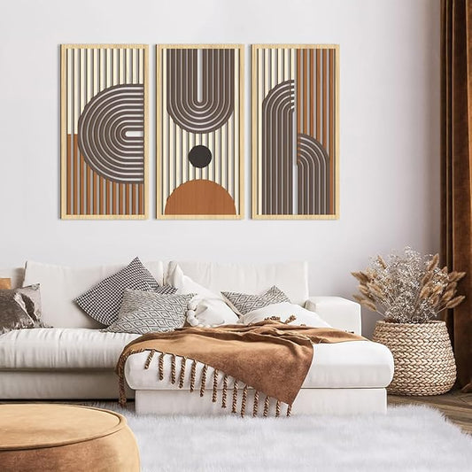 IARTTOP Large Boho Wood Wall Art 16x32 Inch Abstract Mid century Modern Wooden Wall Decor Minimalist Bohemian Orange Artwork for Living Room Bedroom Office Set of 3