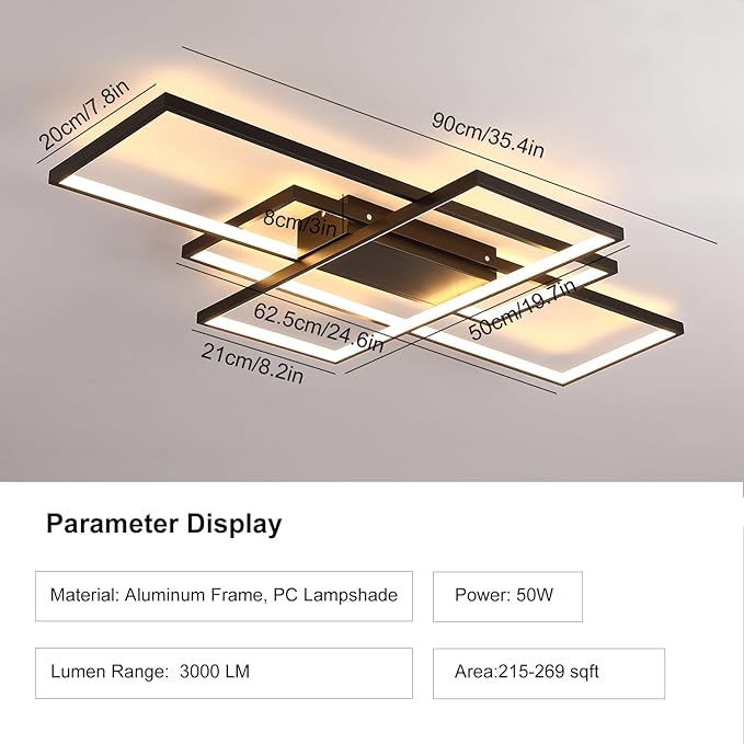 GEADI Modern Large Led Ceiling Light for Living Room,35.4" Black Dimmable Ceiling Lights for Bedroom with Remote Control,3 Rectangular Light Fixtures for Kitchen Dining Room Office, 3000-6500K