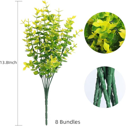 RECUTMS Artificial Boxwood Plants Outdoor Fake Spring Plants Uv Resistant Artificial Shrubs for Outdoors Greenery Stems Outdoor Flowers That Look Real Artificial Eucalyptus (Yellow Eucalyptus)