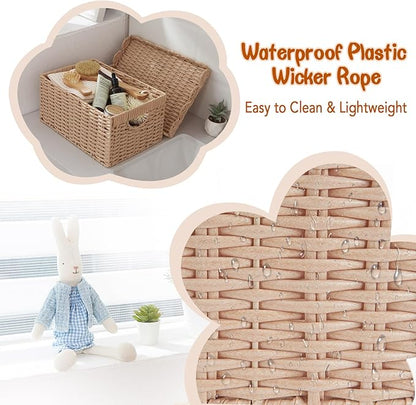 FairyHaus Scalloped Wicker Basket with Lid, Waterproof Wicker Storage Basket with Removable Tray Lid Cream, Handwoven Plactic Wicker Bakests for Nursery 2Pack, 15 x 11.22 x 7& 13 x 9.45 x 5.9