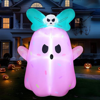 Joiedomi 5ft Tall Halloween Inflatable Ghost Outdoor Decorations, Cute Pink Ghost Blow Up Yard Decorations with Bowknot and LED Light for Halloween Decor, Garden Lawn Indoor Outdoor Party Decor