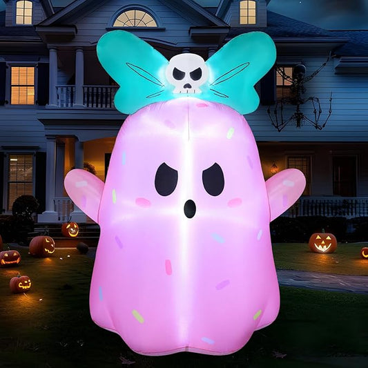 Joiedomi 5ft Tall Halloween Inflatable Ghost Outdoor Decorations, Cute Pink Ghost Blow Up Yard Decorations with Bowknot and LED Light for Halloween Decor, Garden Lawn Indoor Outdoor Party Decor