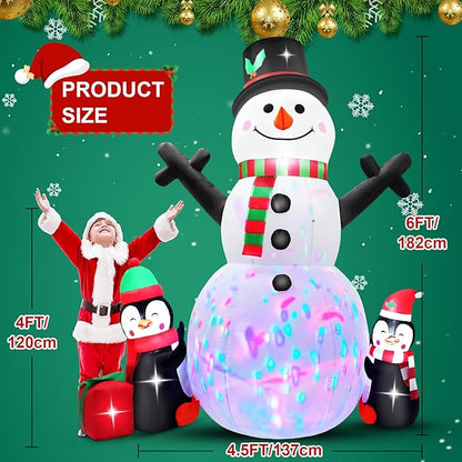 6 FT Christmas Inflatable Snowman Outdoor Decoration with Build-in Multicolor LEDs, Snowman with 2 Penguins Gift Blow Up Inflatables Christmas for Yard Garden Lawn Xmas Holiday Decor