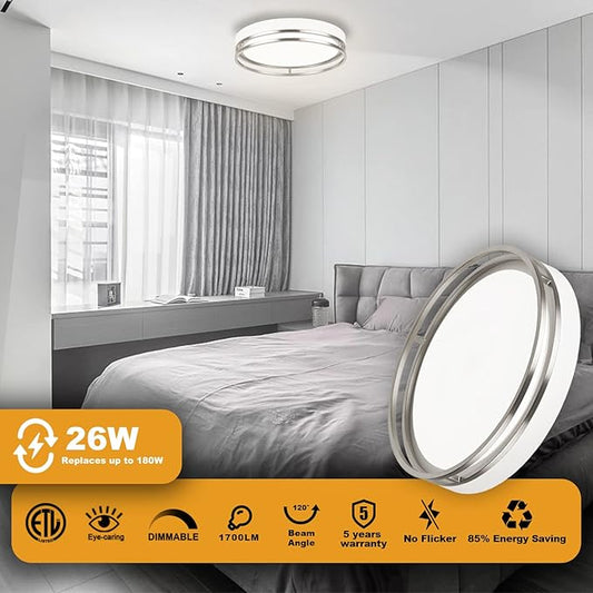 12.5 Inch LED Flush Mount Ceiling Light Fixture, 26W, Super Bright 1700 Lumens, 3 Color 3000K/4000K/5000K, Dimmable Ceiling Lamp for Bedroom Hallway Bathroom Kitchen Laundry (White Nickel)