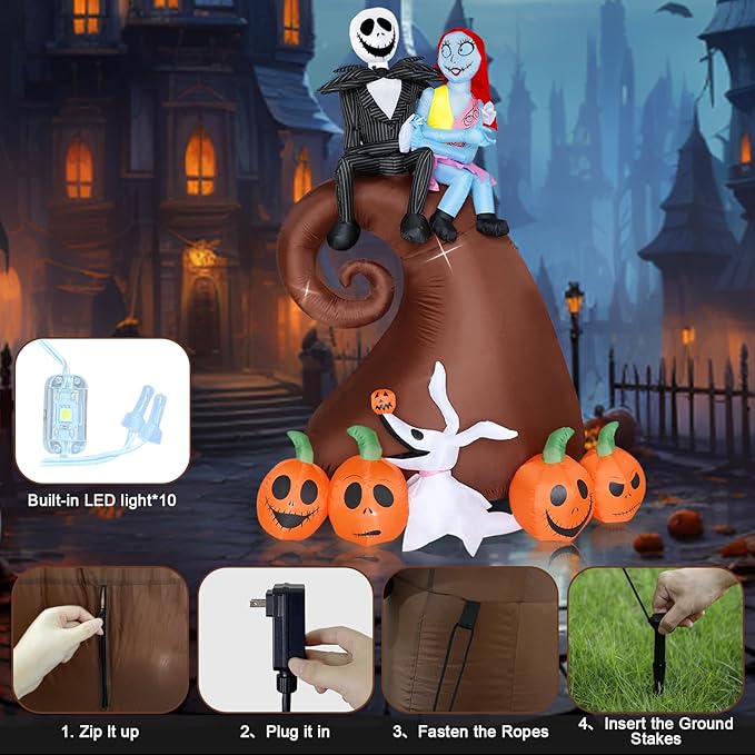6 Ft Inflatable Halloween Outdoor Yard Decoration - Halloween Hill Skeleton Couple with Pumpkin Multi-Element Blow Up Decoration - Built-in LED Lights - for Yard Lawn Decorations