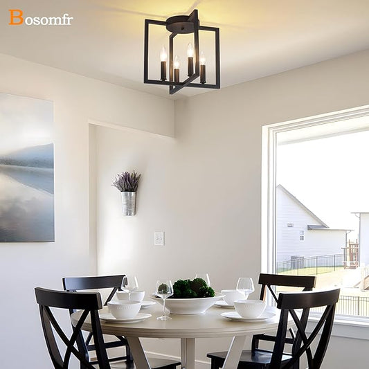 Semi Flush Mount 4-Light Black Ceiling Light, Modern Farmhouse Industrial Light with Geometric Metal Shade, Kitchen, Hallway, Bathroom