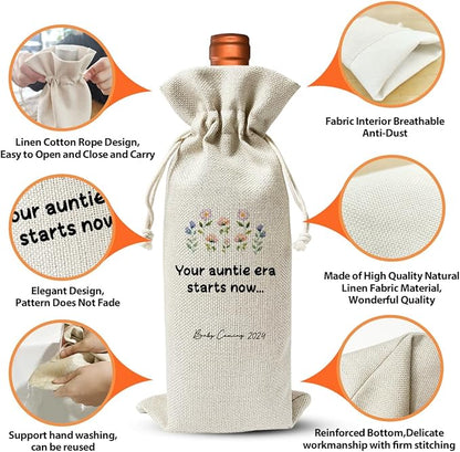 Promoted to New Auntie Gift Wine Bag 2024, Baby Announcement Gift for New Aunt 2024, Auntie Aunt to Be Gift, Becoming an Auntie, Baby Shower or Party Favor Decor, Drawstring Burlap Bag