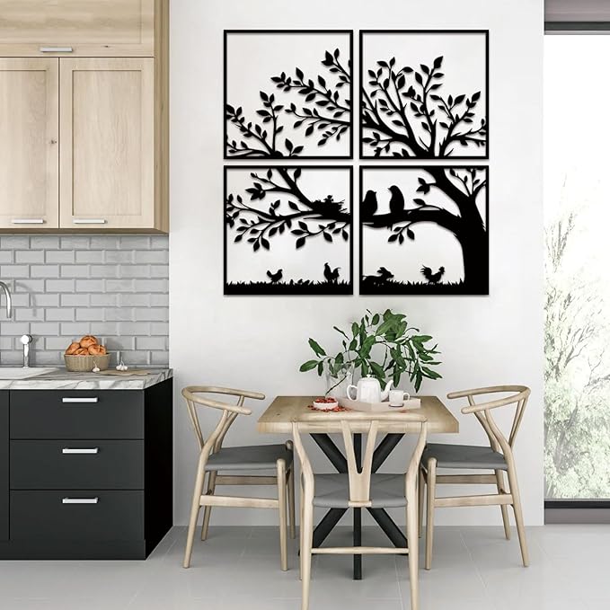ruelen Wall Decor 4 Pieces Metal Birds and Branch Wall Art, Tree of Life Metal Wall Art, Black Leaves with Birds Silhouette Hanging Wall Sculpture for Indoor Home Bedroom Living Room Office Outdoor