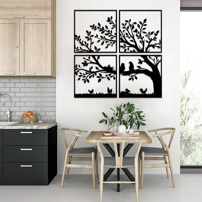 ruelen Wall Decor 4 Pieces Metal Birds and Branch Wall Art, Tree of Life Metal Wall Art, Black Leaves with Birds Silhouette Hanging Wall Sculpture for Indoor Home Bedroom Living Room Office Outdoor