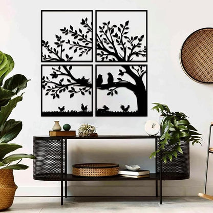 ruelen Wall Decor 4 Pieces Metal Birds and Branch Wall Art, Tree of Life Metal Wall Art, Black Leaves with Birds Silhouette Hanging Wall Sculpture For Indoor Home Bedroom Living Room Office Outdoor
