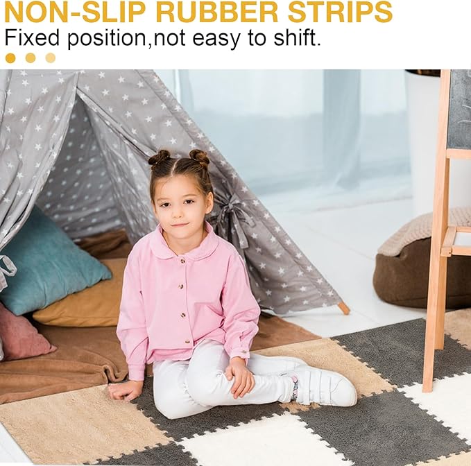 12 Pcs Plush Interlocking Carpet Tiles，Non-Toxic Foam Carpet Tiles for Toddler Baby，Machine-Washable，Anti-Slip，EVA Foam Interlocking Tiles for Floor, Nursery, Grey White Light Brown
