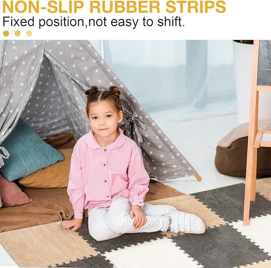 12 Pcs Plush Interlocking Carpet Tiles，Non-Toxic Foam Carpet Tiles for Toddler Baby，Machine-Washable，Anti-Slip，EVA Foam Interlocking Tiles for Floor, Nursery, Grey White Light Brown