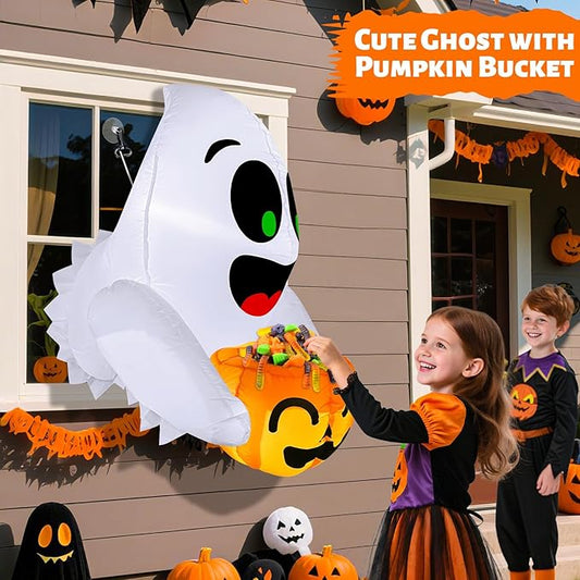 TURNMEON 3.5 Ft Halloween Inflatable Ghost Holding Candy Bucket Broke Out from Window Outdoor Halloween Decorations Blow Up with Build-in LED Lights for Party Indoor Outside Home Yard Garden Decor