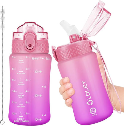 OLDLEY Kids Water Bottle for School, 12 oz (Straw Lid) BPA-Free Reusable Leak-proof Durable Tritan Plastic Water Bottles with One-handed Opening Straw Lids, Anti-dust Spout Cover (Sweet Pink)