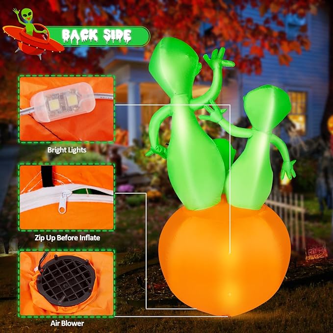 CAMULAND 6FT Halloween Inflatable Pumpkin Alien Decorations Outdoor,Halloween Inflatable Blow Up Decor with Built-in LED Lights Outdoor Inflatable Decoration for Garden, Lawn, Yard, Party 6FT Hall