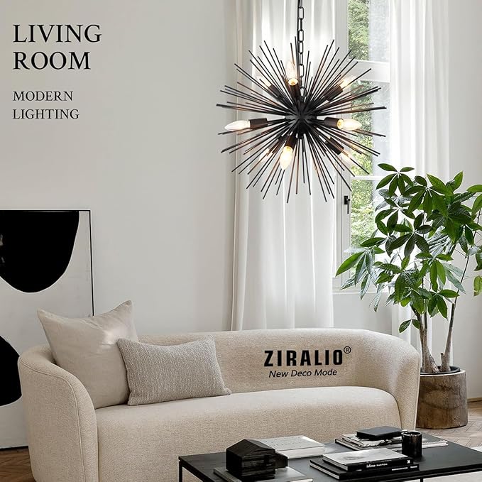 20" Black Sputnik Chandelier Vintage 9-Light Geometric Starburst Chandelier Light Fixture Farmhouse Solid Metal Black Sputnik Chandeliers for Dining Room, Kitchen, Bedroom, Living Room