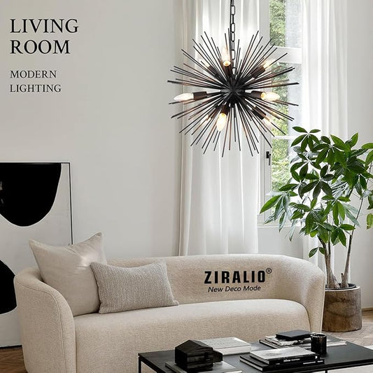 20" Black Sputnik Chandelier Vintage 9-Light Geometric Starburst Chandelier Light Fixture Farmhouse Solid Metal Black Sputnik Chandeliers for Dining Room, Kitchen, Bedroom, Living Room