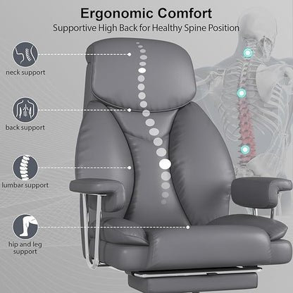 Big and Tall Office Chair, Ergonomic Leather High Back Executive Computer Desk Chair with Retractable Footrest and Padded Arms, 360°Swivel Free, 90-135°Reclining, 500lbs Wide Seat, Gray