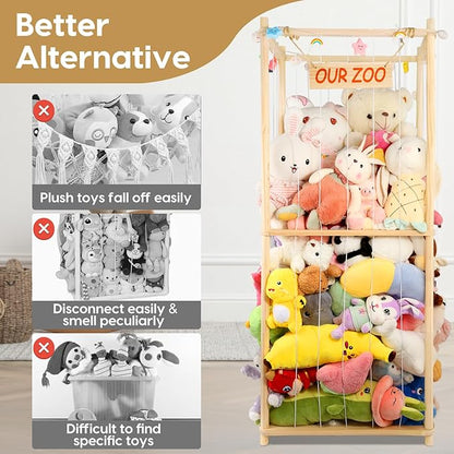 Extra Large Stuffed Animal Storage Wooden Stuff Animal Organizer 63" Stuffed Animal Zoo Holder Kids Plush Toys Cage Stuffed Animal Display with Light Strips for Playroom Bedroom Nursery Room Decor