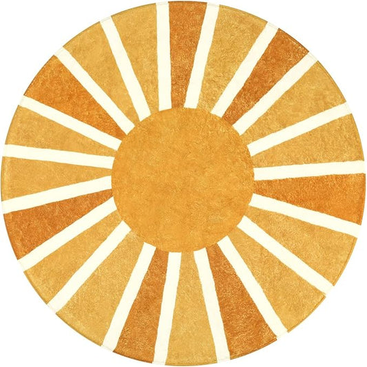 Lahome Boho Round Rug - 3Ft Washable Round Area Rug Non-Slip Small Round Bathroom Rug Throw Soft Kids Nursery Room Rugs Rainbow Sun Print Distressed Round Carpet for Bedroom Entryway Sofa Living Room