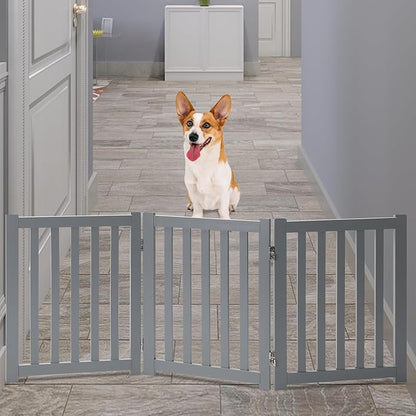 LZRS 3-Panel Wooden Free Standing Foldable Dog Gate – 24" High,Step-Over Safety Pet Gate for Doorways, Stairs, Hallways, Indoor Dog Barrier for Small to Medium Dogs & Puppies, Grey