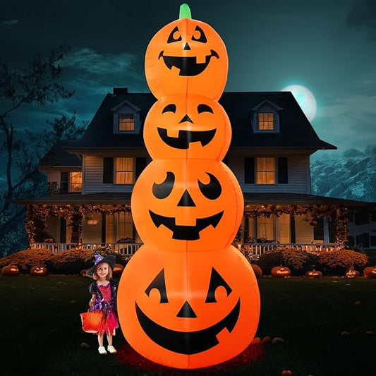 12FT Giant Halloween Inflatable Four-Story Pumpkin Decoration, Blow up Halloween Pumpkins Inflatable Built-in 4 LEDs for Halloween Inflatables Outdoor Decoration Haunted House Party Parade
