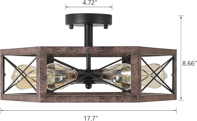 6-Light Large Rustic Farmhouse Metal Flush Mount Ceiling Light Fixture 18 inch Antique Oak Hexagon Cage Semi Flush Mount Ceiling Light for Hallway Entry Dining Farmhouse Bedroom Living Room, Black