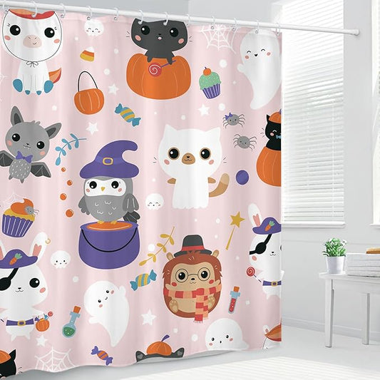 Cute Animal Halloween Shower Curtain 60Wx72L Inch Kids Child Nursery Pumpkin Cartoon Ghost Spider Bathroom Set Accessories Decor Polyester Waterproof with 12 Pack Hooks