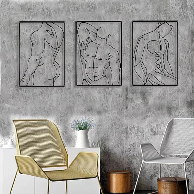 SIETIOJI 3 Pcs Black Wall Art Decor - Real Metal Modern Minimalist Male Body Shape Wall Art for Living, Kitchen, Bedroom Walls