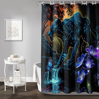 AILONEN Black Panther Shower Curtain,Glowing Panther Print Bath Curtain for Kids Boys Men,Wildlife Forest Cheetah Leopard Waterproof Shower Curtain for Bathroom, 72" W x 72" H