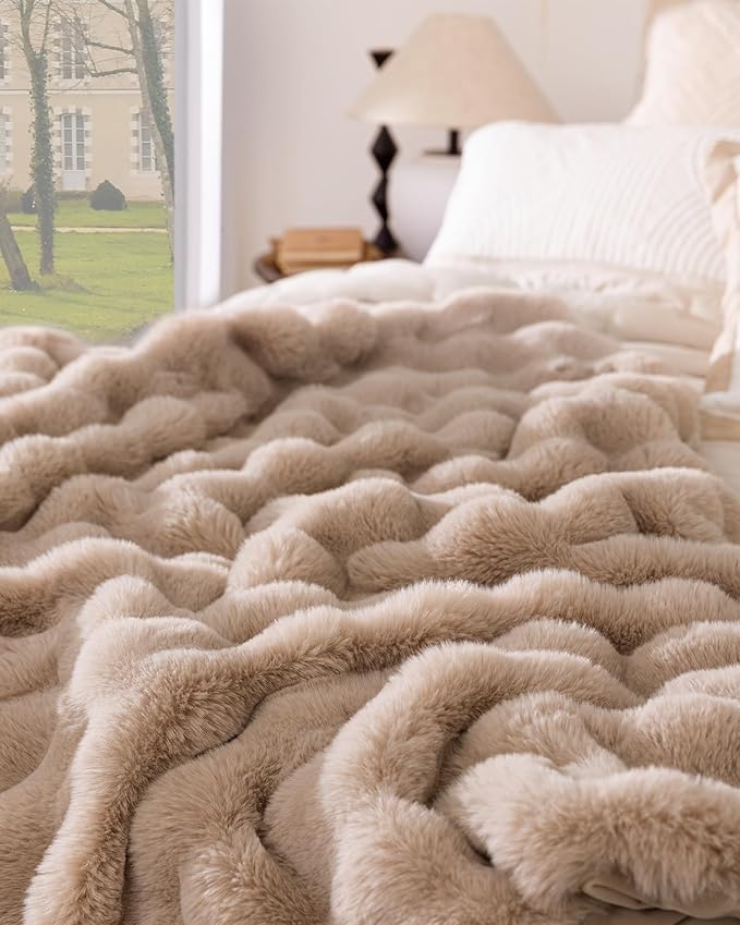 Ultra Soft Cozy Faux Fur Throw Blanket, Fuzzy Plush Thick Bubble Blanket, Oversize Luxury Fluffy Blanket for Couch, Sofa, Bedroom, and Living Room, 50x60 Inches, Light Brown
