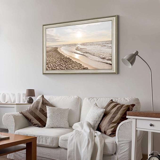 Coastal Beach Picture Wall Art: Sunset Ocean Framed Artwork Modern Sea Waves Canvas Painting Tropical Scenery Nature Sands Seaside Seacape Prints for Bathroom Living Room Bedroom