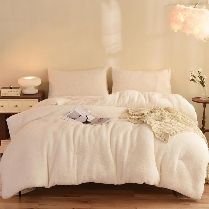 3D Jacquard Sherpa Comforter Set (Beige, Queen Size 90"x90") and Reversible Sherpa Comforter Set (White, Twin Size 68"x90")