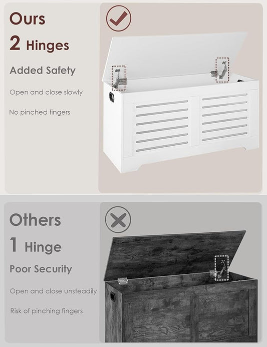 DINZI LVJ Storage Chest, 43.3” Wooden Toy Box with 2 Safety Hinges, Retro Entryway Shoe Storage Bench with Flip-Top, Sturdy Large Storage Trunk for Living Room, Bedroom, Easy Assembly, White