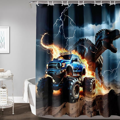 AILONEN Boys Dinosaur Shower Curtain, Monster Truck Bath Curtain,Lightning Roaring Dinosaur Kids Shower Curtain,Waterproof Curtain Bathroom 72" W*84" H Decor with 12 Plastic Hooks