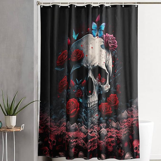 AILONEN 3D Skull Shower Curtain,Oil Ren Rose with Ruins Skull Skeleton Design Shower Curtain Set for Boys Girls Teens,Gothic Skull Waterproof Fabric Shower Curtain for Bathroom,72" W*72" H