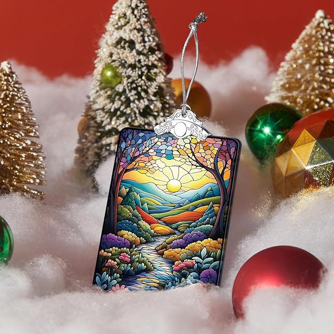 Colorful Mountain Path Landscape Stained Glass Ornament, 2025 Christmas Tree Hanging Decoration for Gift Exchange or Stocking Stuffer, Nature Holiday Decor, 3.8 x 2.4 Inch