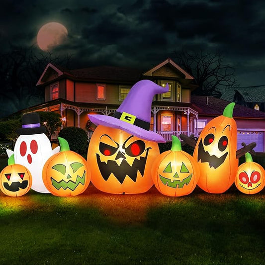 Danxilu 8FT Long Halloween Inflatables Outdoor Decorations, Haunted Inflatable Pumpkins with Witch Hat & Ghost Combo Blow Up Yard Decoration Built-in LEDs Lighted for Lawn Garden Outside Indoor Decor