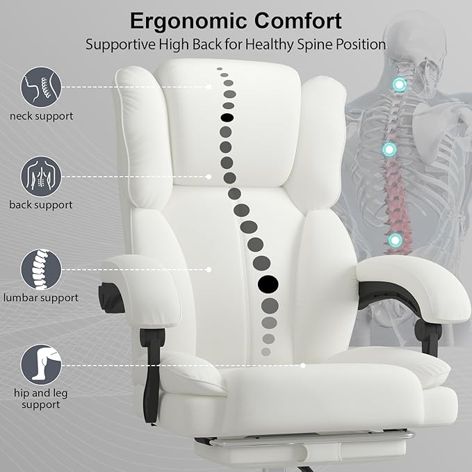 Big and Tall Office Chair, Ergonomic Leather High Back Executive Computer Chair with Retractable Footrest, Adjustable Headrest, Padded Arms, 360°Swivel Free, 90-135°Reclining, 500lbs Wide Seat, White