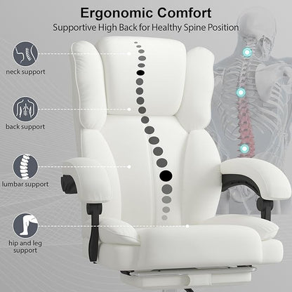 Big and Tall Office Chair, Ergonomic Leather High Back Executive Computer Chair with Retractable Footrest, Adjustable Headrest, Padded Arms, 360°Swivel Free, 90-135°Reclining, 500lbs Wide Seat, White