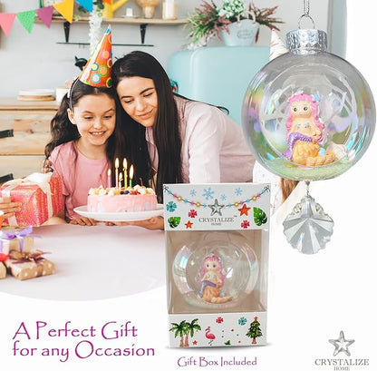Mermaid Pink Christmas Ornament - Handmade Shatterproof Decorations for Indoor Outdoor Xmas Tree - Clear Ball Ornaments with Magnetic Crystal - Great Gift or Stocking Stuffer for Mom, Sister, Friend